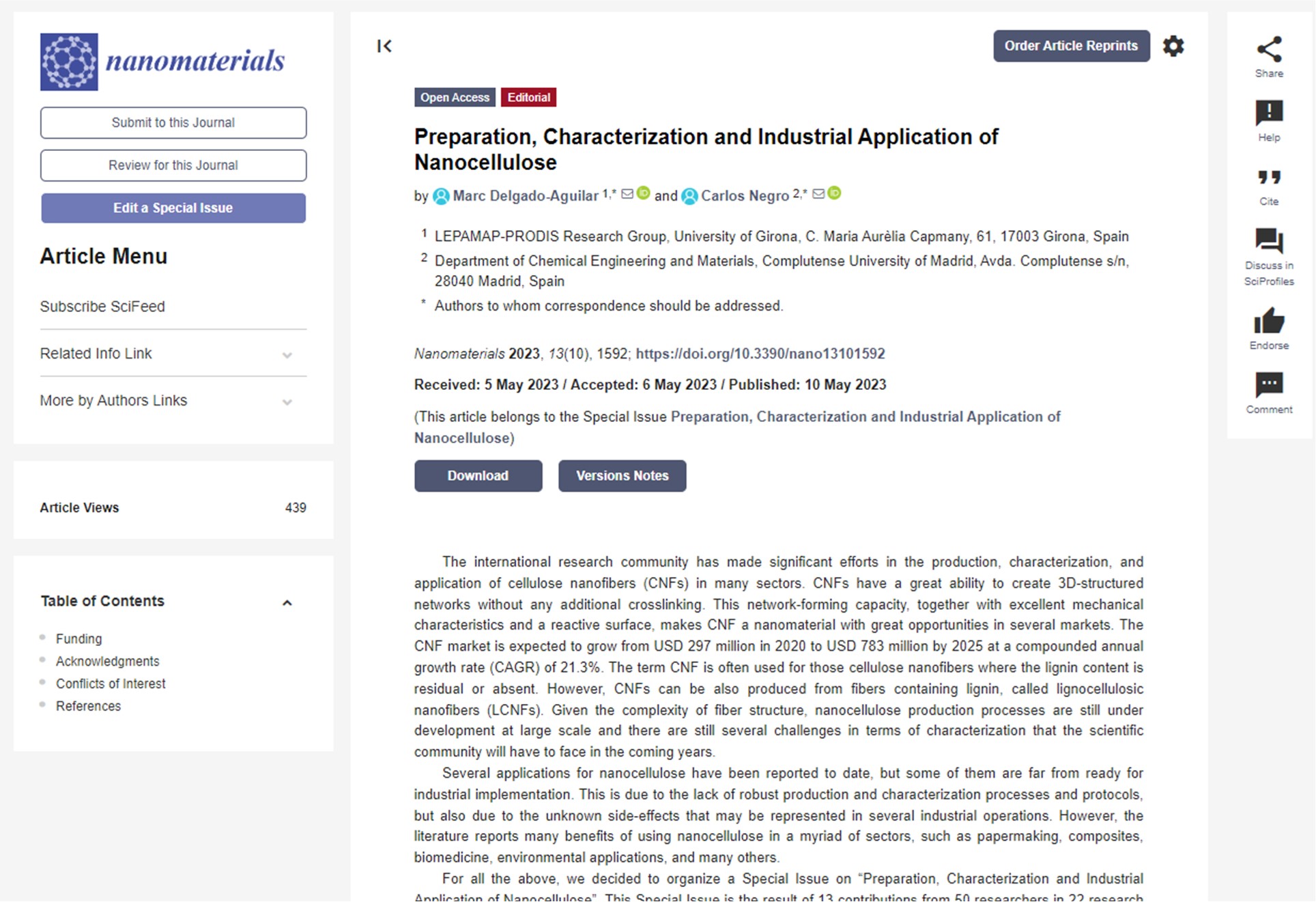 Publicado el número especial en la revista Nanomaterials "Preparation, Characterization and Industrial Application of Nanocellulose"